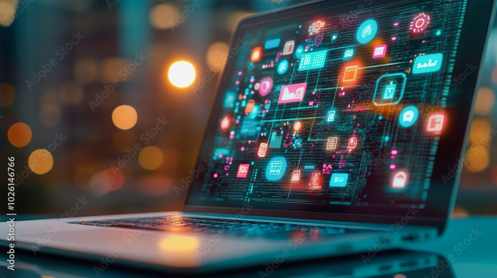 A laptop displaying colorful digital icons and graphics, representing online connectivity and technology, with a blurred cityscape background. A laptop displaying colorful digital icons and graphics, representing online connectivity and technology, with a blurred cityscape background.