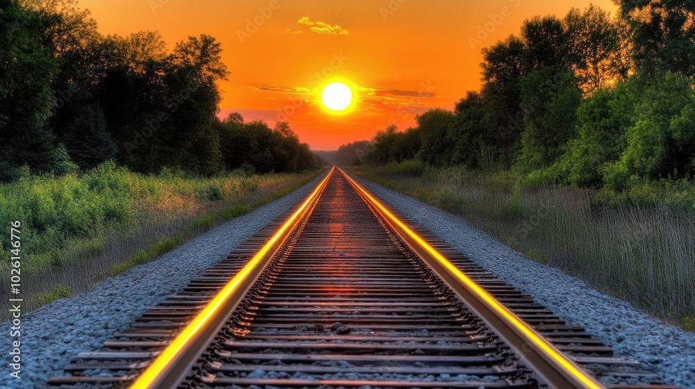 Obraz premium A beautiful sunset illuminates a set of train tracks, with the warm light of the sun creating dramatic contrasts and shadows in the landscape.