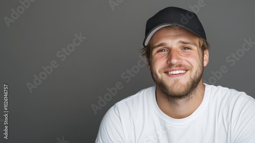 A man with a cheeky smile, eyebrow raised in delight, wearing a baseball cap and casual clothes