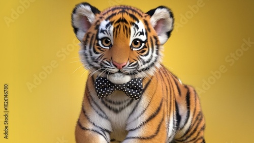 Adorable baby tiger wearing a polka dot bow tie, cute and playful digital art featuring a young tiger cub on a yellow background, perfect for children’s illustrations or animal-themed