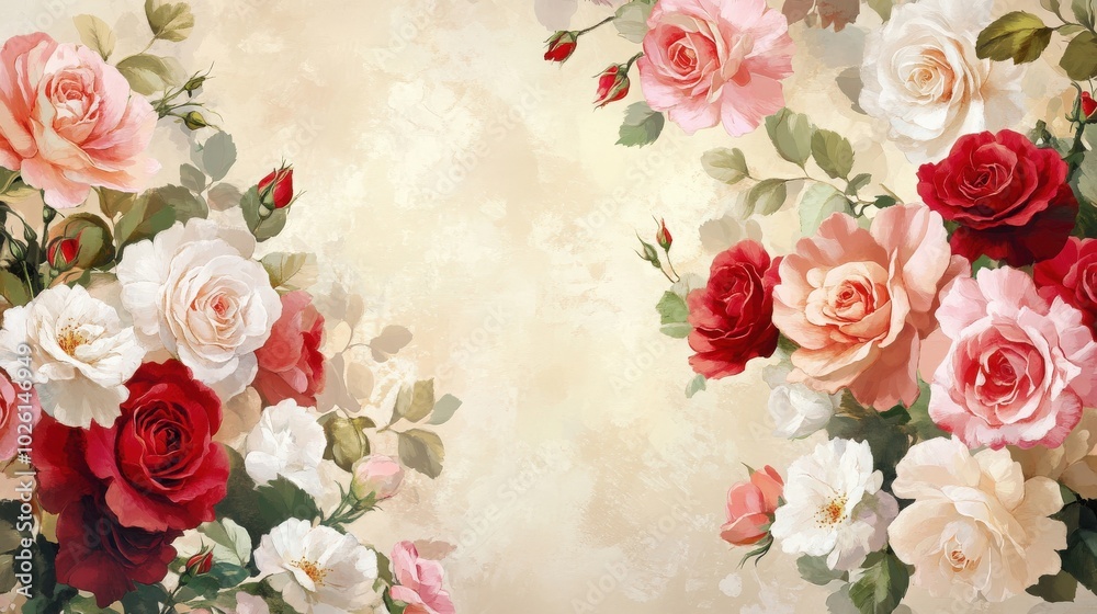 Elegant floral border adorned with pink, red, and white roses. The soft colors and intricate flower designs offer a beautiful and sophisticated backdrop Elegant floral border adorned with pink, red, and white roses. The soft colors and intricate flower designs offer a beautiful and sophisticated backdrop