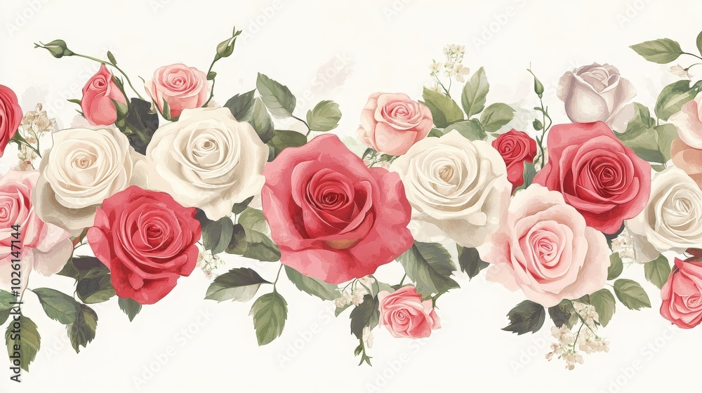 Elegant floral border featuring a mix of pink, red, and white roses. The intricate rose designs and soft colors add a touch of sophistication Elegant floral border featuring a mix of pink, red, and white roses. The intricate rose designs and soft colors add a touch of sophistication