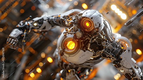 Sci-fi robots, with intricate mechanical details, metallic textures and glowing elements, are captured in dynamic and realistic poses.