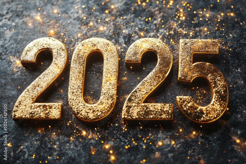 Gold number of glittery letters spelling out the number 2025, surrounded by a lot of sparkles Gold number of glittery letters spelling out the number 2025, surrounded by a lot of sparkles