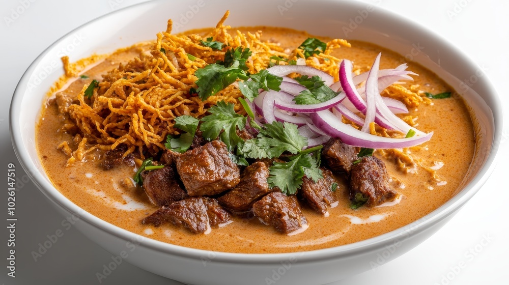 Khao Soi with beef showcasing crispy noodles floating on top of creamy coconut curry broth tender beef chunks cilantro and sliced red onions served in a traditional ceramic bowl Khao Soi with beef showcasing crispy noodles floating on top of creamy coconut curry broth tender beef chunks cilantro and sliced red onions served in a traditional ceramic bowl
