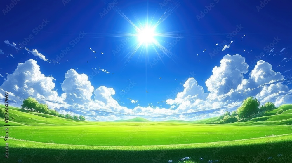 A bright, open green field beneath a vivid blue sky with white, billowy clouds drifting lazily, evoking a sense of calm and freedom.