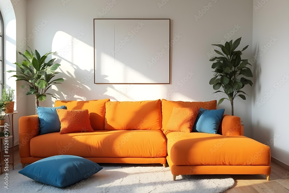Fototapeta premium A modern living room with a large orange sofa, blue and orange poufs, potted plants, and a white arched wall