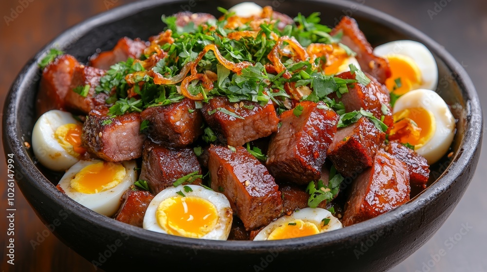 Pork belly braised in sweet soy sauce with eggs succulent pork belly chunks and hard-boiled eggs slowly braised in a rich dark soy sauce garnished with fresh coriander and crispy shallots served in a Pork belly braised in sweet soy sauce with eggs succulent pork belly chunks and hard-boiled eggs slowly braised in a rich dark soy sauce garnished with fresh coriander and crispy shallots served in a