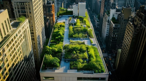 Green roof structures enhancing urban sustainability, creating rooftop gardens that support biodiversity. photo