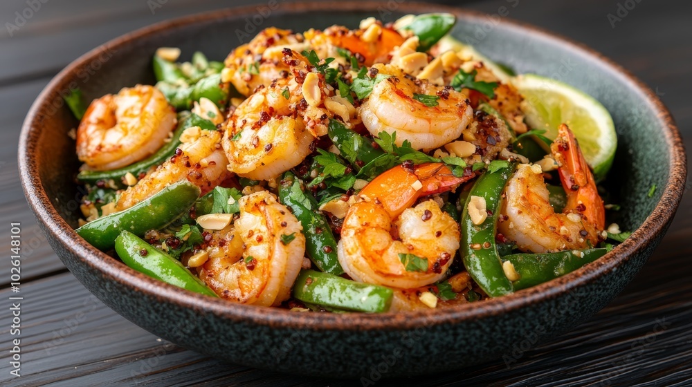 Winged bean salad detailed view of crispy winged beans mixed with fresh shrimp and a tangy coconut lime dressing garnished with crushed peanuts and chili flakes served on a dark wooden table Winged bean salad detailed view of crispy winged beans mixed with fresh shrimp and a tangy coconut lime dressing garnished with crushed peanuts and chili flakes served on a dark wooden table