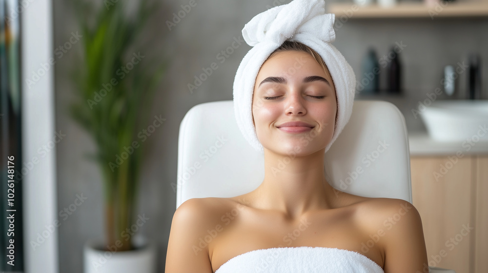 A smiling young woman with a towel wrapped around her head, her eyes gently closed as she leans back in a salon chair, enjoying the peaceful ambiance of her self-care ritual.