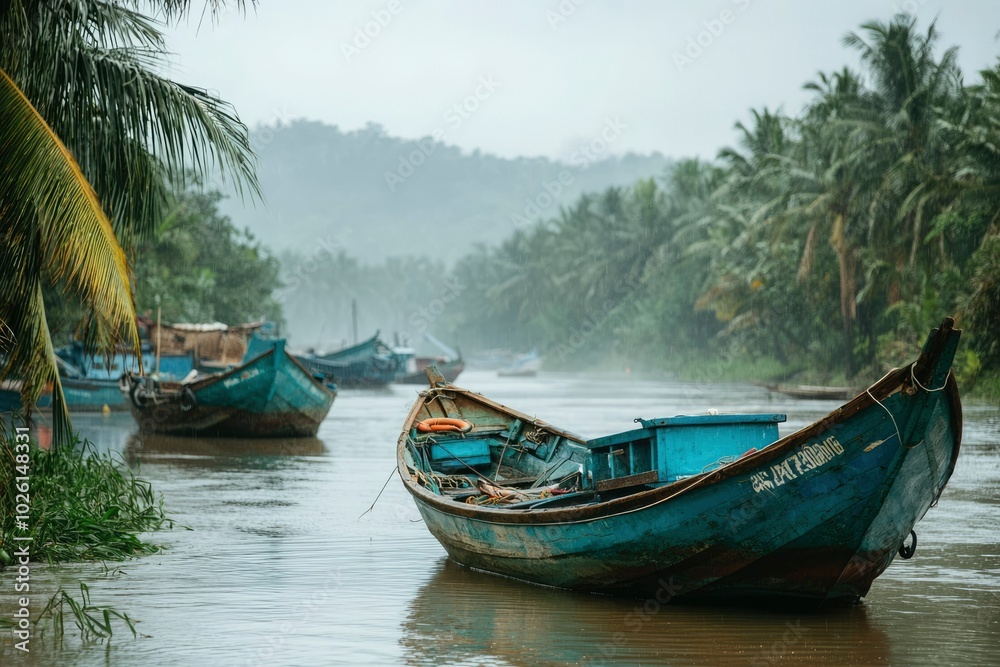 Obraz premium A Rowboat Moored in a Calm River Underneath a Rain-Covered Sky