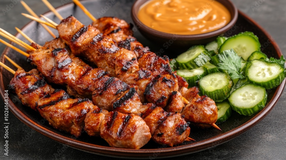 Grilled pork satay skewers focusing on the juicy pork satay skewers with a slight char from the grill served with a peanut dipping sauce and cucumber relish on a ceramic plate Grilled pork satay skewers focusing on the juicy pork satay skewers with a slight char from the grill served with a peanut dipping sauce and cucumber relish on a ceramic plate