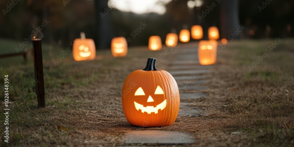 Fototapeta premium A spooky Halloween scene with illuminated pumpkins lining a path, creating an enchanting festive atmosphere.