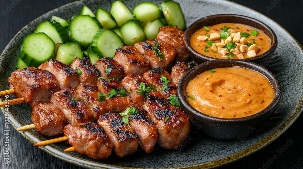 Grilled pork satay skewers focusing on the juicy pork satay skewers with a slight char from the grill served with a peanut dipping sauce and cucumber relish on a ceramic plate Grilled pork satay skewers focusing on the juicy pork satay skewers with a slight char from the grill served with a peanut dipping sauce and cucumber relish on a ceramic plate