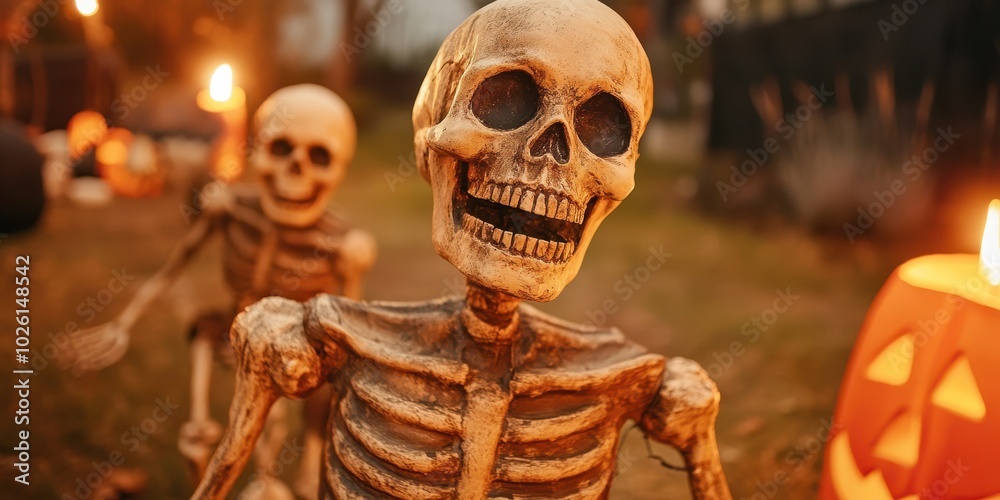 A spooky scene featuring playful skeletons among glowing pumpkins, perfect for Halloween-themed decorations and celebrations.