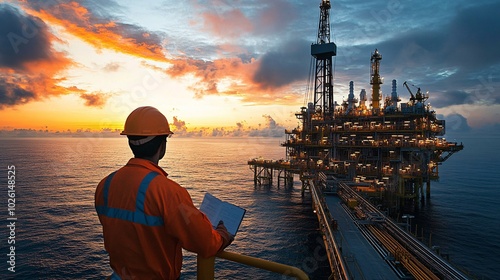 Worker Observing Offshore Oil Rig Operations

