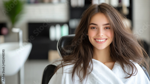 A joyful young woman sitting in a luxurious salon chair, wrapped in a towel with a soft smile, capturing the beauty and serenity of a relaxing hair treatment.