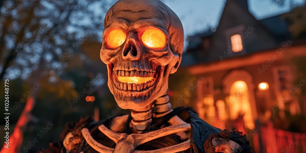 A spooky skeleton with glowing eyes stands in a dimly lit environment, perfect for Halloween-themed decorations and eerie settings. A spooky skeleton with glowing eyes stands in a dimly lit environment, perfect for Halloween-themed decorations and eerie settings.
