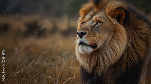 Majestic lion with a golden mane looking into the distance in a field of tall grass.