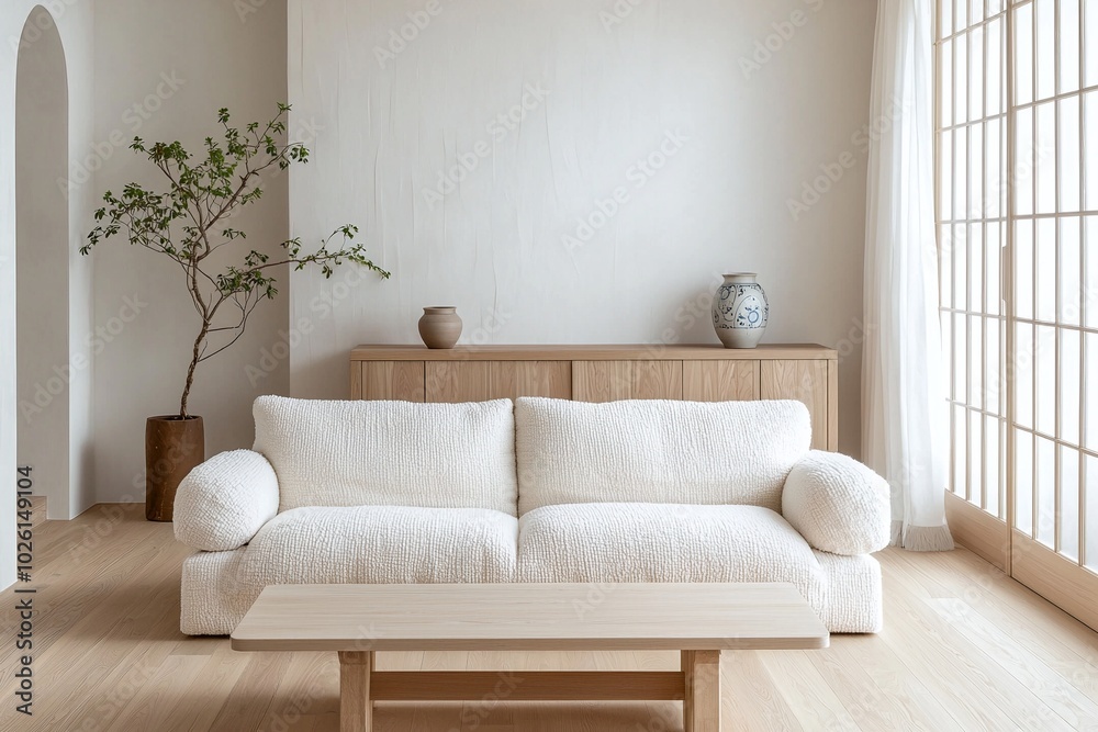 Fototapeta premium A modern japandi interior in the living room with minimalist, wood cabinets and boucle sofas. Generative AI 