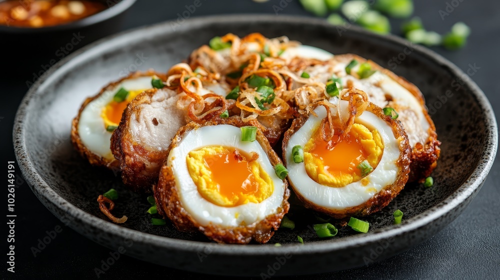 Deep-fried boiled eggs crispy golden-brown boiled eggs drizzled with sweet tamarind sauce and garnished with fried shallots served on a rustic ceramic plate Deep-fried boiled eggs crispy golden-brown boiled eggs drizzled with sweet tamarind sauce and garnished with fried shallots served on a rustic ceramic plate