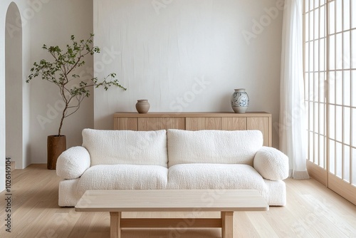 A modern japandi interior in the living room with minimalist, wood cabinets and boucle sofas. Generative AI
