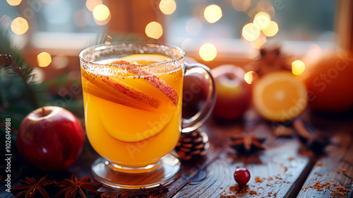 Mulled wine with spices and fruits on a wooden background.