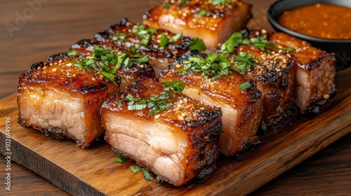 Crispy fried pork belly with fish sauce golden chunks of crispy fried pork belly with a savory fish sauce glaze served on a wooden board with a side of spicy dipping sauce photo