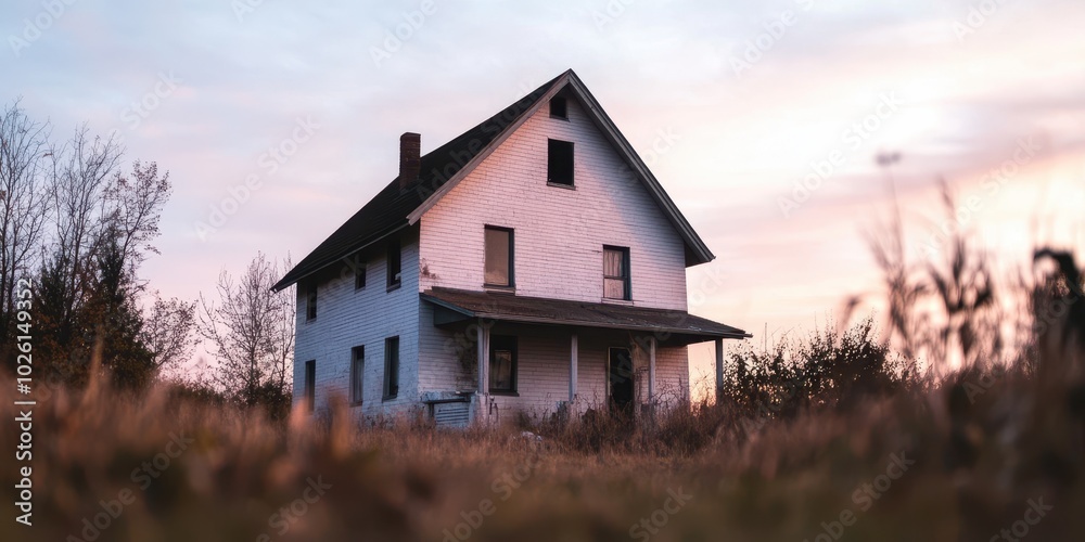 A weathered farmhouse stands alone in a serene landscape at sunset, surrounded by tall grass and soft hues of orange and pink. A weathered farmhouse stands alone in a serene landscape at sunset, surrounded by tall grass and soft hues of orange and pink.