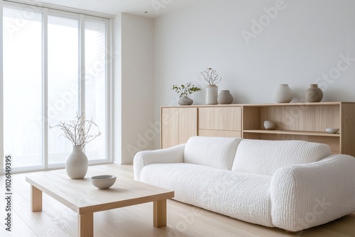 Wallpaper Mural A modern japandi interior in the living room with minimalist, wood cabinets and boucle sofas. Generative AI
 Torontodigital.ca