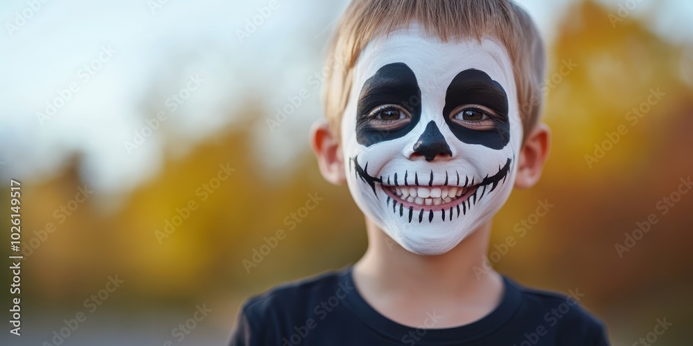 A young child with a playful skull face paint smiles, capturing the spirit of Halloween in a colorful outdoor setting. A young child with a playful skull face paint smiles, capturing the spirit of Halloween in a colorful outdoor setting.