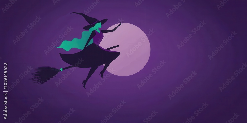 A whimsical witch flying on a broomstick against a full moon and purple night sky, perfect for Halloween-themed designs. A whimsical witch flying on a broomstick against a full moon and purple night sky, perfect for Halloween-themed designs.
