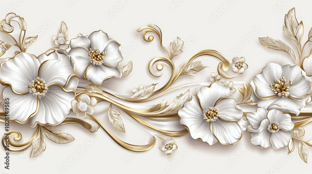 Obraz premium Elegant white and gold floral border with ornate jewelry-inspired patterns. The gold highlights enhance the detailed flower designs for a classy finish