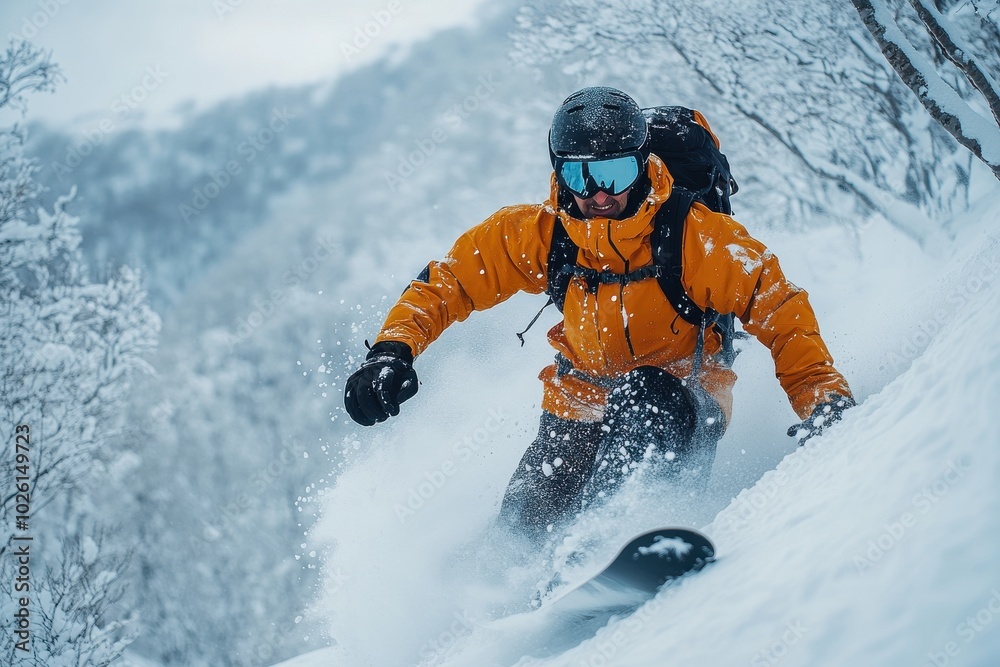 Snowboarder Carving Through Deep Powder in Mountains Snowboarder Carving Through Deep Powder in Mountains