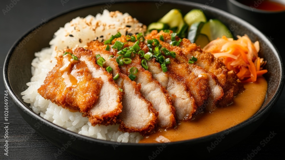 Fried pork cutlet curry close-up of a crispy Japanese-style fried pork cutlet served over steamed rice with a rich curry sauce and pickled vegetables Fried pork cutlet curry close-up of a crispy Japanese-style fried pork cutlet served over steamed rice with a rich curry sauce and pickled vegetables
