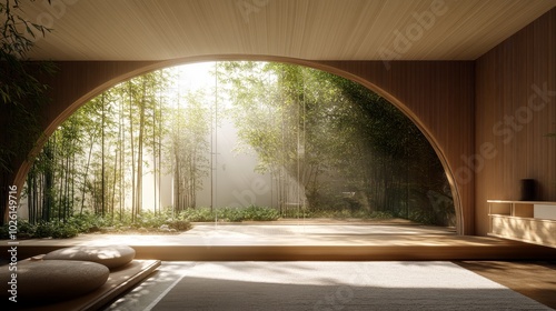 Minimalist Zen Room with Arch Window and Bamboo Forest View