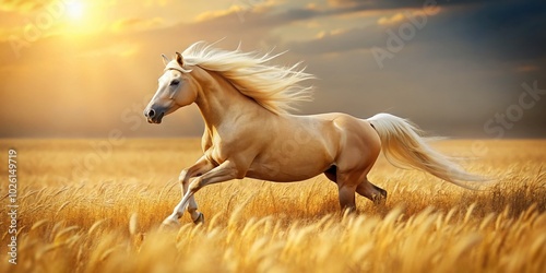 Stunning Palomino Horse Running Through Golden Wheat Field - Tilt-Shift Photography