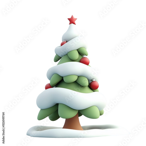 .Cartoon 3d Christmas tree sprinkled with snow. Cute Christmas tree with Christmas toys, balls, isolated on transparent backgroun