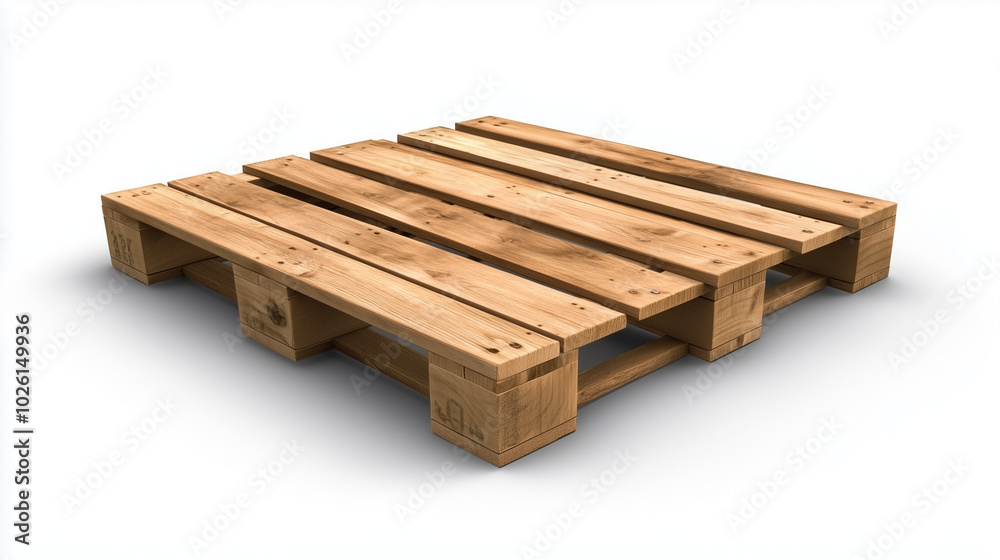A wooden pallet with natural grain patterns, isolated against a pure white background, every plank and nail meticulously detailed, emphasizing its sturdy industrial design. A wooden pallet with natural grain patterns, isolated against a pure white background, every plank and nail meticulously detailed, emphasizing its sturdy industrial design.