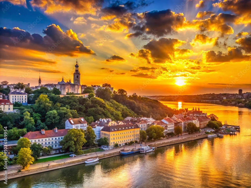Stunning Panoramic View of Belgrade at Sunset - Scenic Cityscape with Vibrant Colors and Historical Architecture Stunning Panoramic View of Belgrade at Sunset - Scenic Cityscape with Vibrant Colors and Historical Architecture