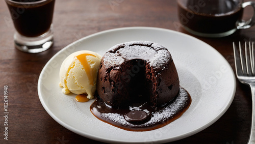 Chocolate lava cake with a molten center, served warm on a white plate with vanilla ice cream on the side.