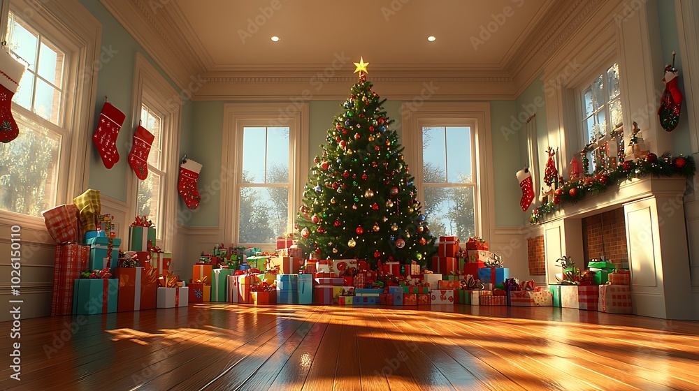 Cheerful Living Room Christmas Scene with Tree and Gifts