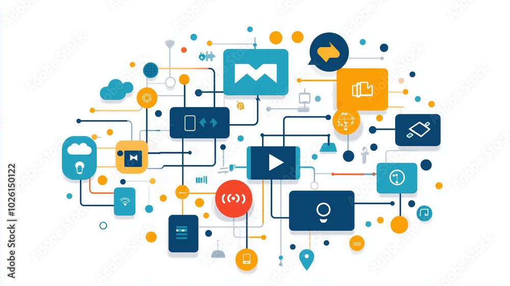 Abstract network of connected digital icons representing communication and technology Abstract network of connected digital icons representing communication and technology