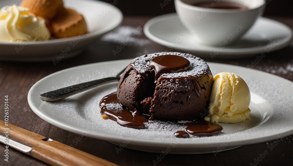 Chocolate lava cake with a molten center, served warm on a white plate with vanilla ice cream on the side. Chocolate lava cake with a molten center, served warm on a white plate with vanilla ice cream on the side.
