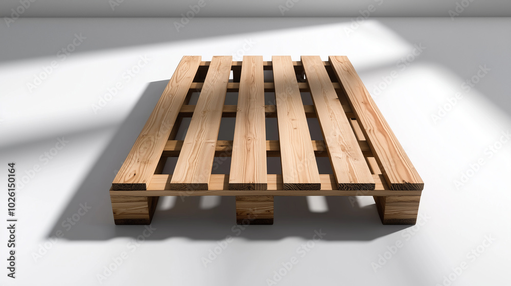 A single wooden pallet, with smooth edges and even planks, standing alone on a bright white background, casting soft shadows that emphasize its industrial functionality. A single wooden pallet, with smooth edges and even planks, standing alone on a bright white background, casting soft shadows that emphasize its industrial functionality.