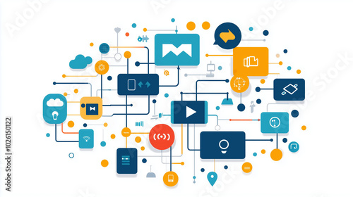 Abstract network of connected digital icons representing communication and technology