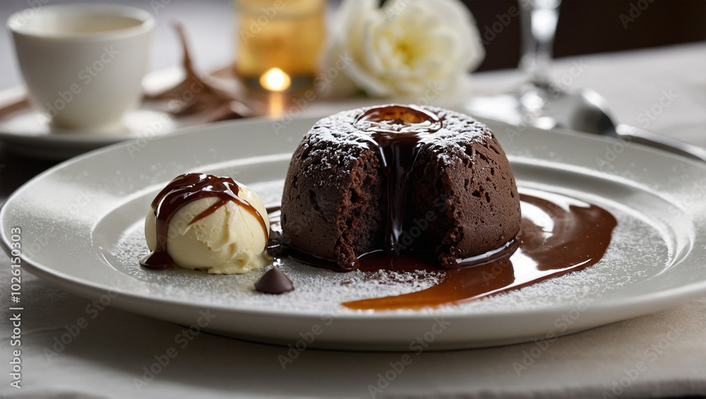 Chocolate lava cake with a molten center, served warm on a white plate with vanilla ice cream on the side. Chocolate lava cake with a molten center, served warm on a white plate with vanilla ice cream on the side.