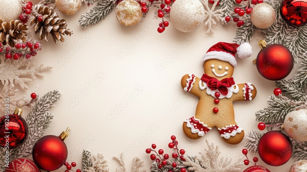 Elegant white backdrop with a cartoon gingerbread woman dressed in a festive outfit, surrounded by holiday decorations and Christmas cheer
