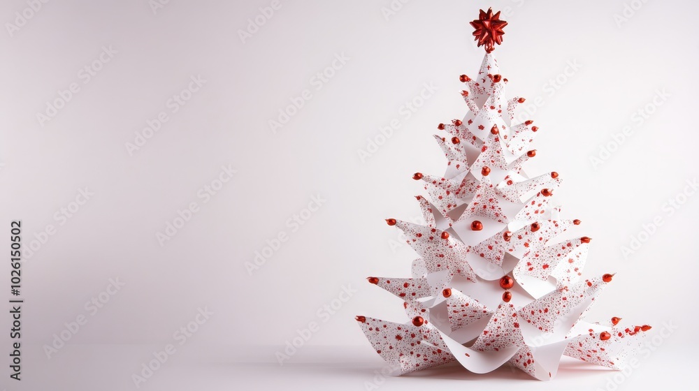 Elegant white backdrop with a Christmas tree made from holiday wrapping paper, focusing on the festive patterns and rich textures of the paper design Elegant white backdrop with a Christmas tree made from holiday wrapping paper, focusing on the festive patterns and rich textures of the paper design